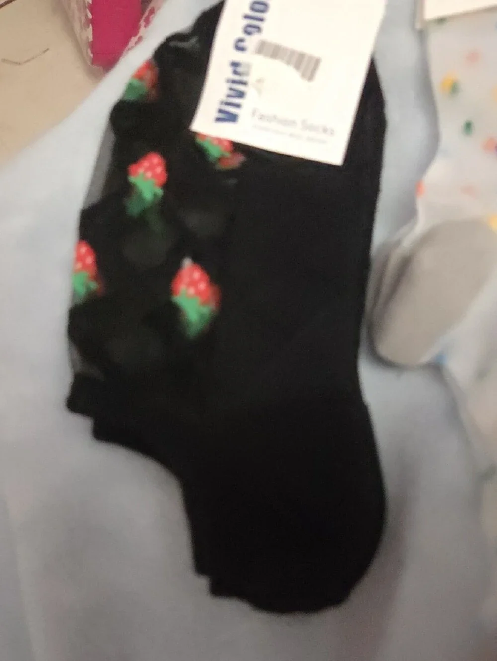 Cotton Polka Dot Sheer Socks - Gray Trim And Blaxk With Strawberrys NWOT